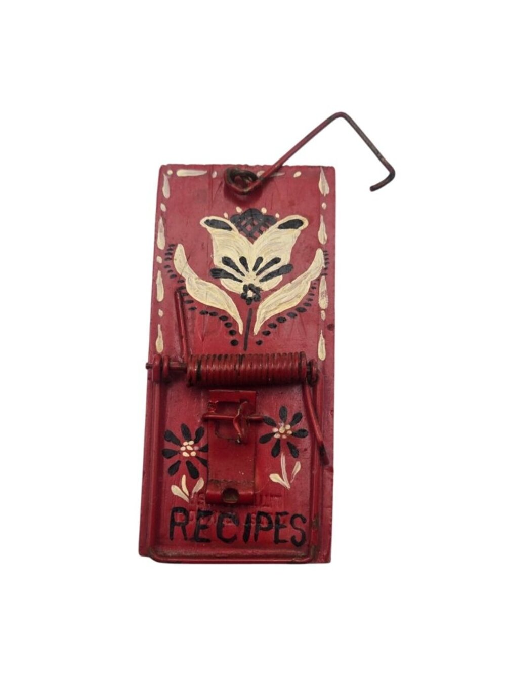 Flower Folk Art Mouse Trap Recipe Card Holder Vintage Signed Red Floral Kitchen